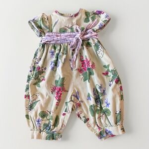 Hartstrings Baby Coverall Romper Girls 12 Months Green Floral Bow Made In USA